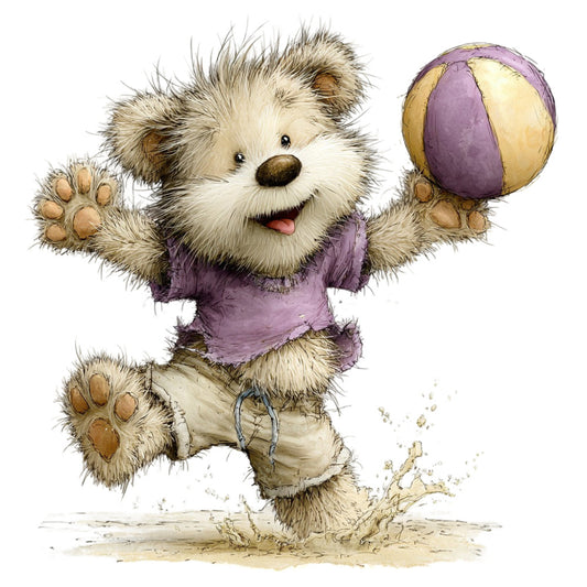 fluffy bear, cute animals, children's, playful, whimsical, cream, tan, beige, lavender, purple, gold, sports theme, basketball, active kids, character panel, friendly, charming, animal friends, soft colors, pastel, illustrated, storybook, youth, play time, jumping, energetic, fun, casual style, kids apparel, nursery