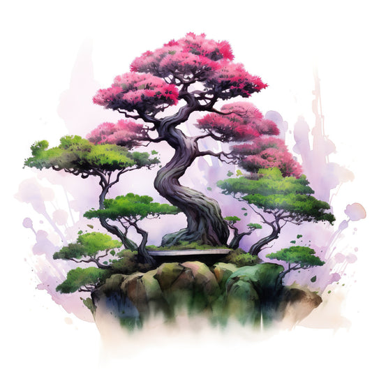 watercolor, bonsai tree, pink blossoms, purple hues, green foliage, twisted trunk, rocks, zen garden, japanese art, soft pastels, botanical, nature scene, fabric panel, quilting cotton, serene mood, artistic watercolor, cherry blossoms, meditation theme, oriental design, tranquil landscape