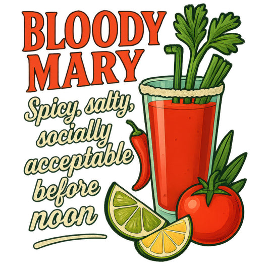 bloody mary, cocktail design, red tomato juice, green celery, lime wedge, chili pepper, bright red, forest green, yellow citrus, orange accent, vintage illustration, retro art style, drink recipe, bar theme, fabric panel, quilting cotton, spicy theme, vegetable garnish, beverage motif, kitchen decor