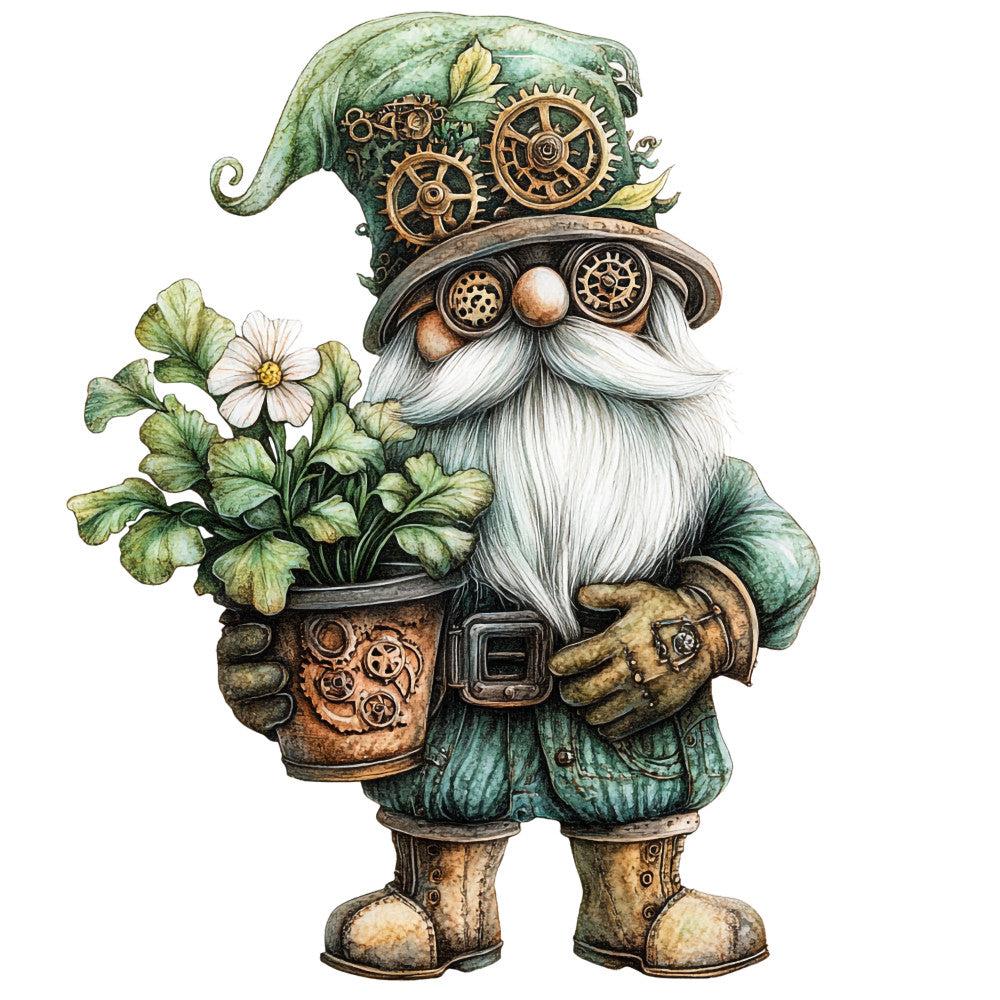 steampunk gnome, mechanical gears, copper gears, forest green, sage green, white beard, pointed hat, brass goggles, clockwork elements, botanical motifs, green foliage, white flowers, leather boots, fabric panel, quilting cotton, fantasy character, vintage brass, mechanical fantasy, garden gnome, whimsical illustration