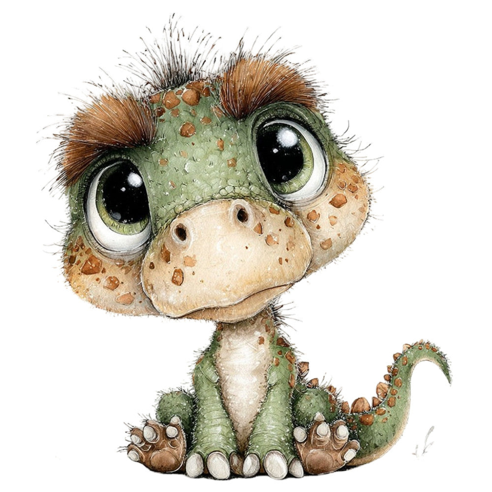 cute dinosaur, whimsical dinosaur, sage green, cream, tan, brown, olive green, spotted pattern, textured, children's theme, baby theme, nursery, playful, adorable, cartoon style, illustration, dinosaur motif, animal print, kid-friendly, gender-neutral, soft colors, detailed artwork, character design, wall hanging, baby quilt, novelty print, storybook style, prehistoric, dino lover, charming illustration
