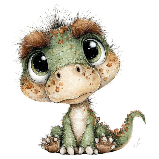 cute dinosaur, whimsical dinosaur, sage green, cream, tan, brown, olive green, spotted pattern, textured, children's theme, baby theme, nursery, playful, adorable, cartoon style, illustration, dinosaur motif, animal print, kid-friendly, gender-neutral, soft colors, detailed artwork, character design, wall hanging, baby quilt, novelty print, storybook style, prehistoric, dino lover, charming illustration