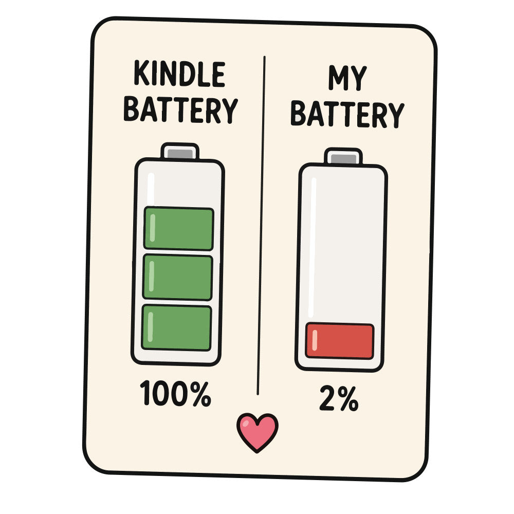 battery, kindle, humor, funny, tech, technology, sarcastic, modern, contemporary, green, red, white, cream, illustration, graphic, relatable, witty, humorous, gadget, electronics, low battery, charged, energy, lifestyle, novelty, gift, gaming, geek, nerd, minimalist