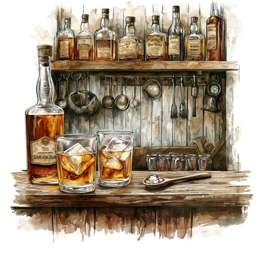 bourbon bottles, whiskey glasses, amber liquid, brown tones, wooden shelves, rustic bar, vintage bottles, ice cubes, distillery scene, warm browns, golden hues, fabric panel, quilting cotton, bar accessories, alcohol themed, sepia tones, weathered wood, glass bottles, drinking glasses, bourbon collection