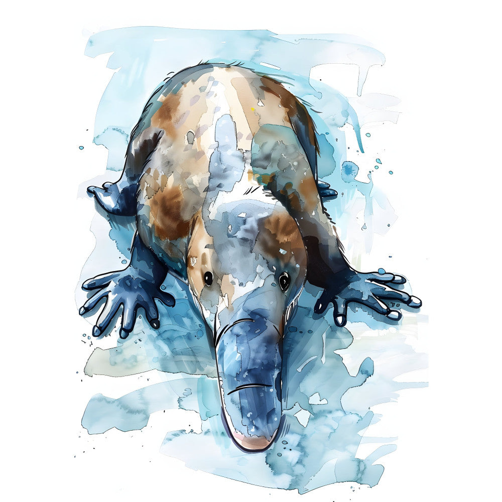 platypus, watercolor, animal, blue, tan, brown, cream, white, abstract, watercolor splatter, wildlife, nature, whimsical, modern, artistic, ink wash, aquatic, monotone blue, earth tones, splatter art, contemporary, illustration style, soft palette, muted colors, powder blue, navy blue, beige, monochromatic, artistic rendering, nature lover