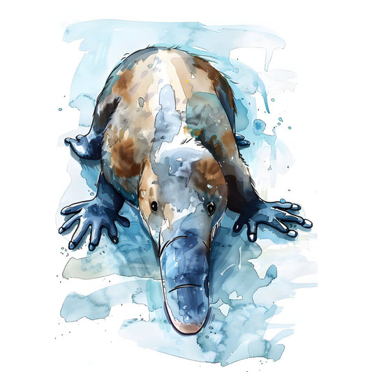 platypus, watercolor, animal, blue, tan, brown, cream, white, abstract, watercolor splatter, wildlife, nature, whimsical, modern, artistic, ink wash, aquatic, monotone blue, earth tones, splatter art, contemporary, illustration style, soft palette, muted colors, powder blue, navy blue, beige, monochromatic, artistic rendering, nature lover