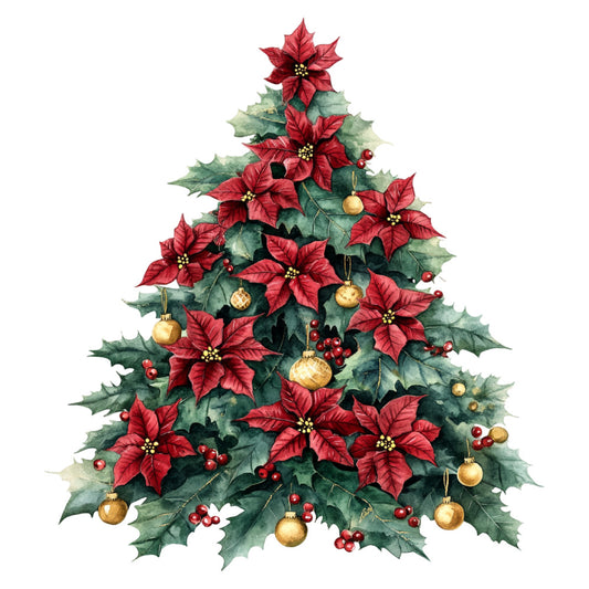 red poinsettia, forest green, gold ornament, christmas, holiday, festive, floral, botanical, nature, traditional, elegant, holly leaves, red berries, winter, seasonal, decorative, vintage, timeless, red and green, metallic gold, ornament balls, poinsettia flowers, dark green foliage, classic christmas, festive design, holiday themed, warm tones, rich colors, decorative florals