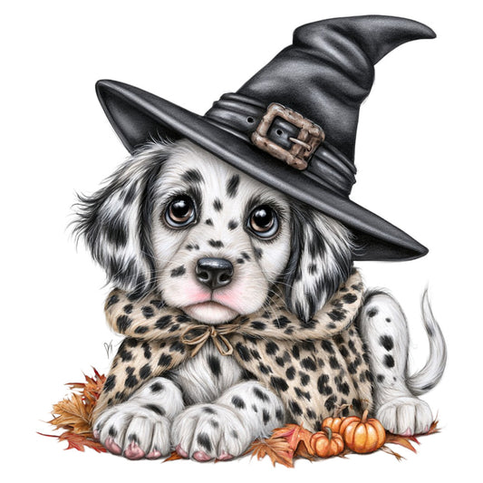 witch dog, halloween, autumn, fall, spooky, cute animals, dog portrait, black witch hat, leopard print, pumpkins, leaves, whimsical, festive, seasonal, pet lover, animal theme, children's, adorable, charming, cream white, black, tan, orange, rust, spotted pattern, costume, trick or treat, holiday, decorative, home decor