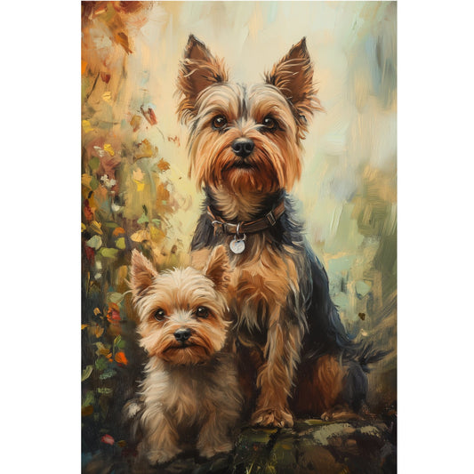 dog portrait, terrier, puppy, animal lovers, pet themed, tan brown, cream white, golden brown, charcoal gray, autumn tones, floral background, botanical, garden flowers, realistic, portrait style, traditional, vintage aesthetic, rustic charm, companion animals, family pets, dog lovers, decorative panel, wall art, pet memorial, nature inspired, impressionist style, warm tones, multi-dog design, small dogs, terrier breeds