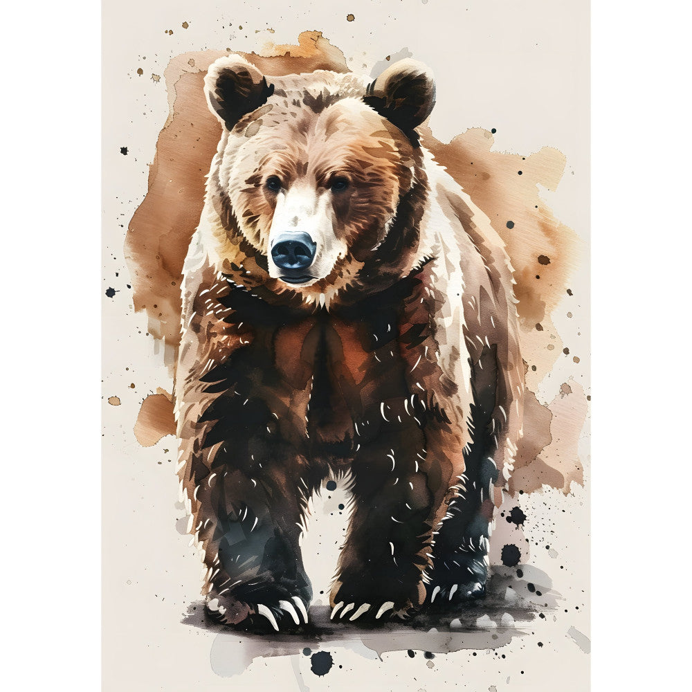 bear, wildlife, animals, nature, watercolor, abstract, splatter, ink splashes, brown, tan, cream, white, black, earthy tones, rustic, modern, artistic, contemporary, realistic, detailed, forest, woodland, home decor, wall art, nursery, cabin style, nature lovers, wilderness, majestic, strength