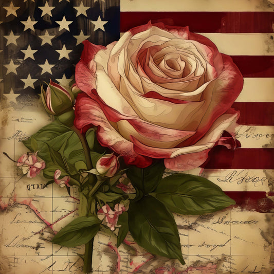 cream, red, burgundy, dusty rose, olive green, sage green, american flag, patriotic, vintage, floral, roses, botanical, elegant, romantic, shabby chic, cottage core, vintage map, handwritten script, nostalgia, classic american, timeless, traditional, antique, heritage, americana, patriotic rose, red and cream, historic, retro, wall hanging
