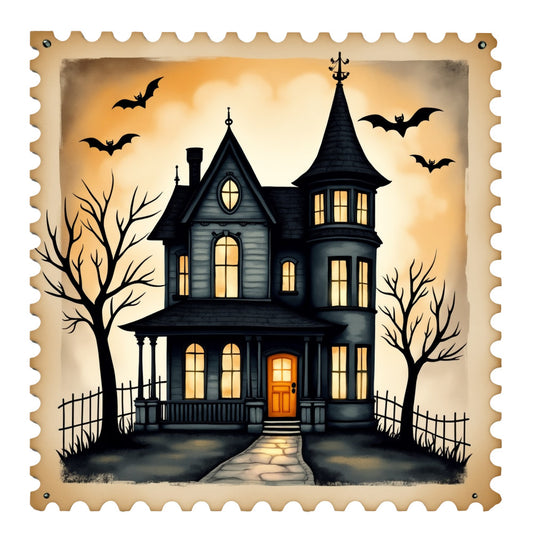 Halloween Postage Stamps Fabric Panel 3 featuring a spooky haunted house with bats and bare trees on premium quilting cotton.