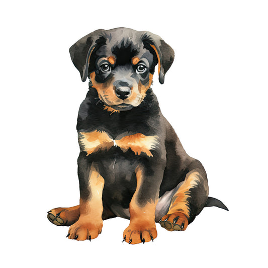 Watercolor Rottweiler Fabric Panel 20 featuring a detailed painting of a sitting Rottweiler puppy on premium quilting cotton.