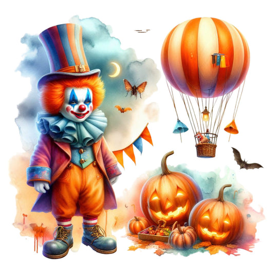 autumn, halloween, fall, pumpkin, jack-o'-lantern, clown, hot air balloon, whimsical, festive, orange, red, blue, purple, gold, cream, colorful, multi-color, vintage, playful, children's, novelty, seasonal, harvest, spooky, night sky, moon, clouds, bats, butterflies, striped balloon