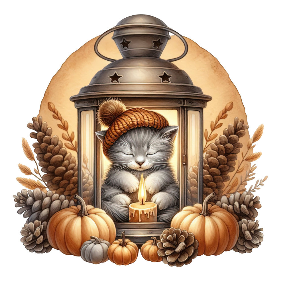 autumn, fall, cozy, cat, kitten, lantern, candle, pumpkins, gourds, pinecones, wheat, harvest, warm tones, cream, bronze, brown, tan, orange, rustic, whimsical, farmhouse, cottage core, seasonal, thanksgiving, halloween, woodland, nature, stars, sleeping cat, candlelit