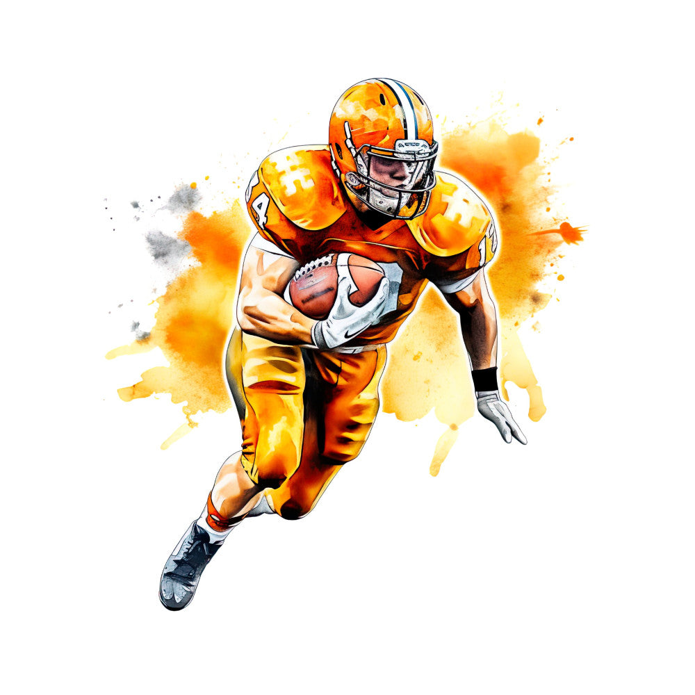 golden yellow, orange, bright orange, white, sports, football, athletic, action, dynamic, watercolor, splash, abstract, modern, energetic, masculine, sports fan, team colors, player, uniform, competitive, motion, movement, vibrant, bold, illustration style, digital art, fan apparel, game day, orange and white, metallic accents