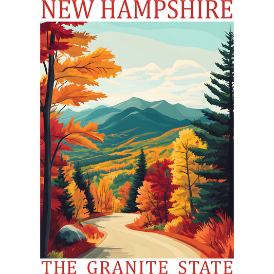 fabric panel, new hampshire, granite state, autumn foliage, fall colors, orange leaves, red maple, yellow trees, mountain landscape, winding road, evergreen trees, pine trees, rolling hills, scenic vista, nature scene, quilting cotton, travel poster style, vintage illustration, seasonal design, countryside path