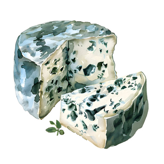 blue cheese, gorgonzola, mold veining, cream cheese, sage green, forest green, teal blue, white, beige, cream, food illustration, culinary art, cheese themed, gourmet, farmhouse, rustic, elegant, realistic, detailed, kitchen décor, food art, botanical elements, herb garnish, artisanal, specialty foods, culinary design, home décor, cottage style, nature inspired, sophisticated