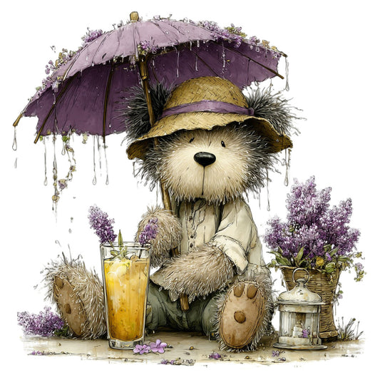 lavender purple, cream, sage green, straw yellow, soft purple, whimsical, cute animals, bear illustration, teddy bear, rainy day, umbrella, lilac flowers, botanical, spring, nature themed, vintage style, storybook, charming, gentle, children's design, floral motifs, potted plants, beverage glass, decorative, illustration art, dreamy, pastel colors, character design, garden theme