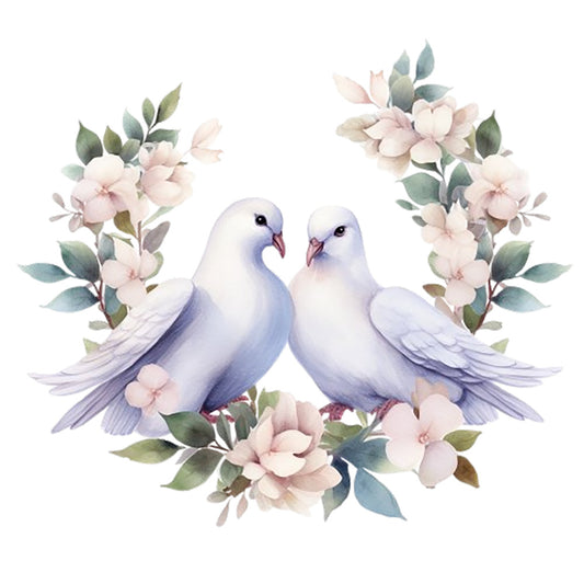 Spring White Doves Fabric Panel 12 featuring two white doves surrounded by soft pink flowers and green leaves on premium quilting cotton.