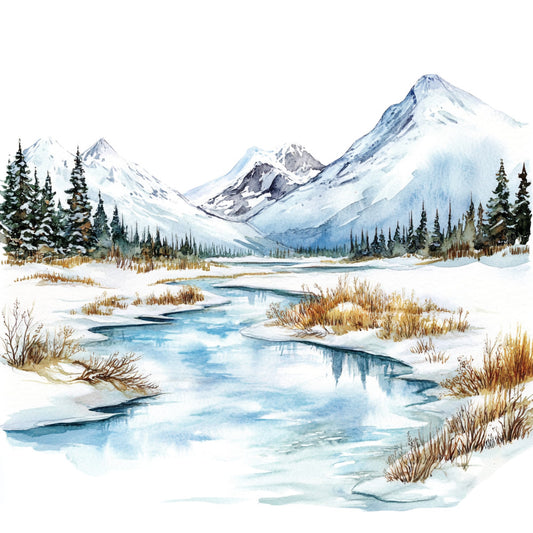 winter landscape, snow-covered mountains, winding stream, evergreen trees, watercolor style, blue tones, white snow, golden grasses, fabric panel, quilting cotton, serene scene, mountain vista, frozen river, coniferous forest, peaceful mood, nature scene, winter wonderland, artistic illustration, textile print, crafting material