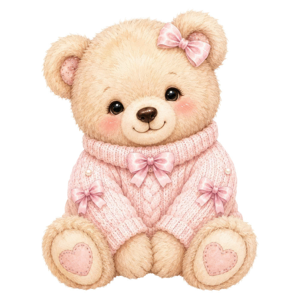 cream, blush pink, soft pink, pale pink, teddy bear, cute animals, hearts, bows, ribbons, whimsical, sweet, gentle, nursery, baby girl, baby quilt, children's, adorable, feminine, pastel, delicate, decorative, embellished, playful, charming, spring, sweater motif, knitwear inspired