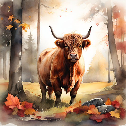 highland cattle, rustic, autumn, fall, woodland, forest, nature, animals, livestock, brown, rust, orange, tan, cream, gold, watercolor, painted, realistic, farmhouse, countryside, leaves, foliage, falling leaves, seasonal, cozy, warm tones, detailed, artistic, wall hanging, decorative panel