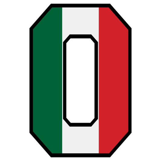 green, white, red, mexican flag colors, letter o, alphabet design, patriotic, national colors, octagonal shape, geometric border, fabric panel, quilting cotton, educational, learning material, tricolor pattern, bold lettering, crafting supplies, sewing project, children's fabric, bright colors
