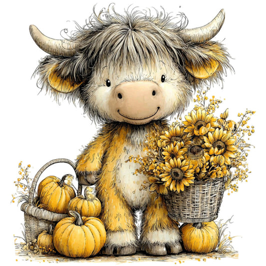 highland cattle, cute animals, sunflowers, autumn, fall, pumpkins, farmhouse, rustic, cream, golden yellow, black, tan, whimsical, cheerful, harvest, seasonal, nature, country, sweet animals, baskets, floral, cozy, traditional, children's fabric, baby friendly, animal lovers, folk art style, cottage core, thanksgiving, pastoral