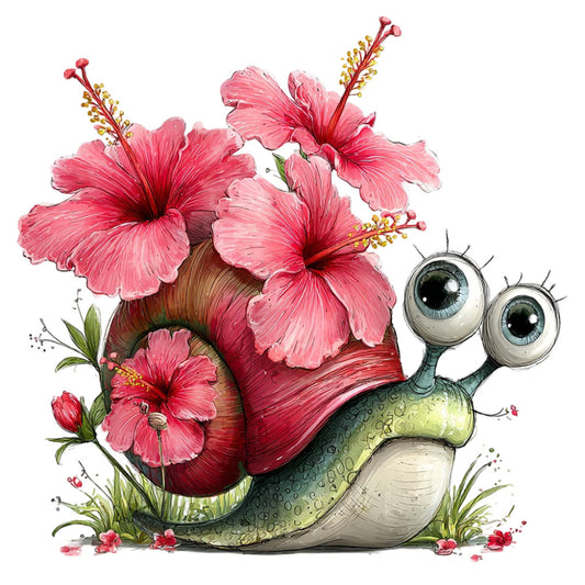hot pink hibiscus, coral pink flowers, whimsical snail, garden snail, large eyes, cartoon animal, nature themed, floral design, pink blooms, green snail, yellow stamens, botanical illustration, whimsical style, animal character, spring flowers, summer garden, children's fabric, playful design, nature lover, garden creatures, hibiscus flowers, detailed illustration, storybook style, enchanted garden, cute animals, pastel green, deep pink, artistic print, fantasy animal, decorative flowers