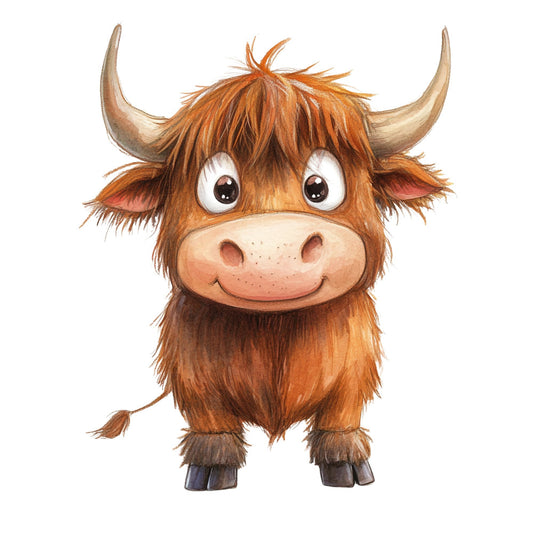 highland cattle, brown, tan, cream, orange, rust, reddish brown, long horned cattle, farm animals, cute animals, whimsical, children's, baby, farmhouse, countryside, highland breed, horns, shaggy, fuzzy, playful expression, nursery, animal portrait, folk art style, rustic charm, countryside theme, Scottish highland, cattle illustration, charming, adorable, character design