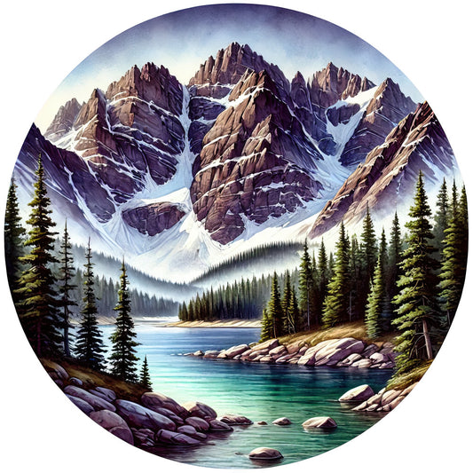 mountain landscape, rocky peaks, snow-capped mountains, alpine lake, evergreen trees, pine forest, turquoise water, purple mountains, golden sunlight, circular panel, nature scene, wilderness, fabric panel, quilting cotton, scenic vista, mountain reflection, boulder rocks, coniferous forest, serene lake, outdoor adventure