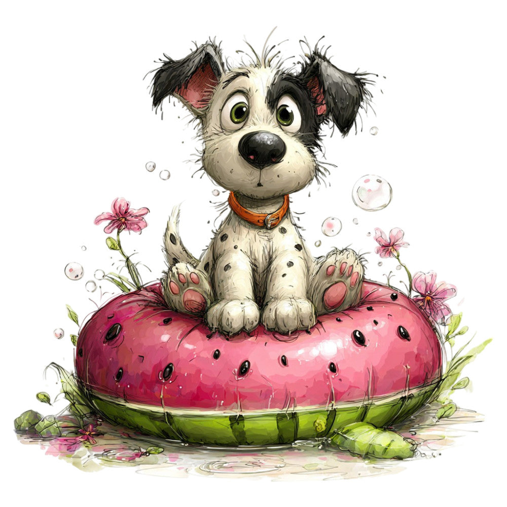 cute dog, puppy, whimsical, watercolor, illustration, pink, magenta, lime green, black and white, flowers, pink flowers, bubbles, nature, animal themed, children's, playful, springtime, spring, summer, garden, pastoral, adorable, artistic, sweet, storybook, fantasy, magical, dog illustration, paw pads