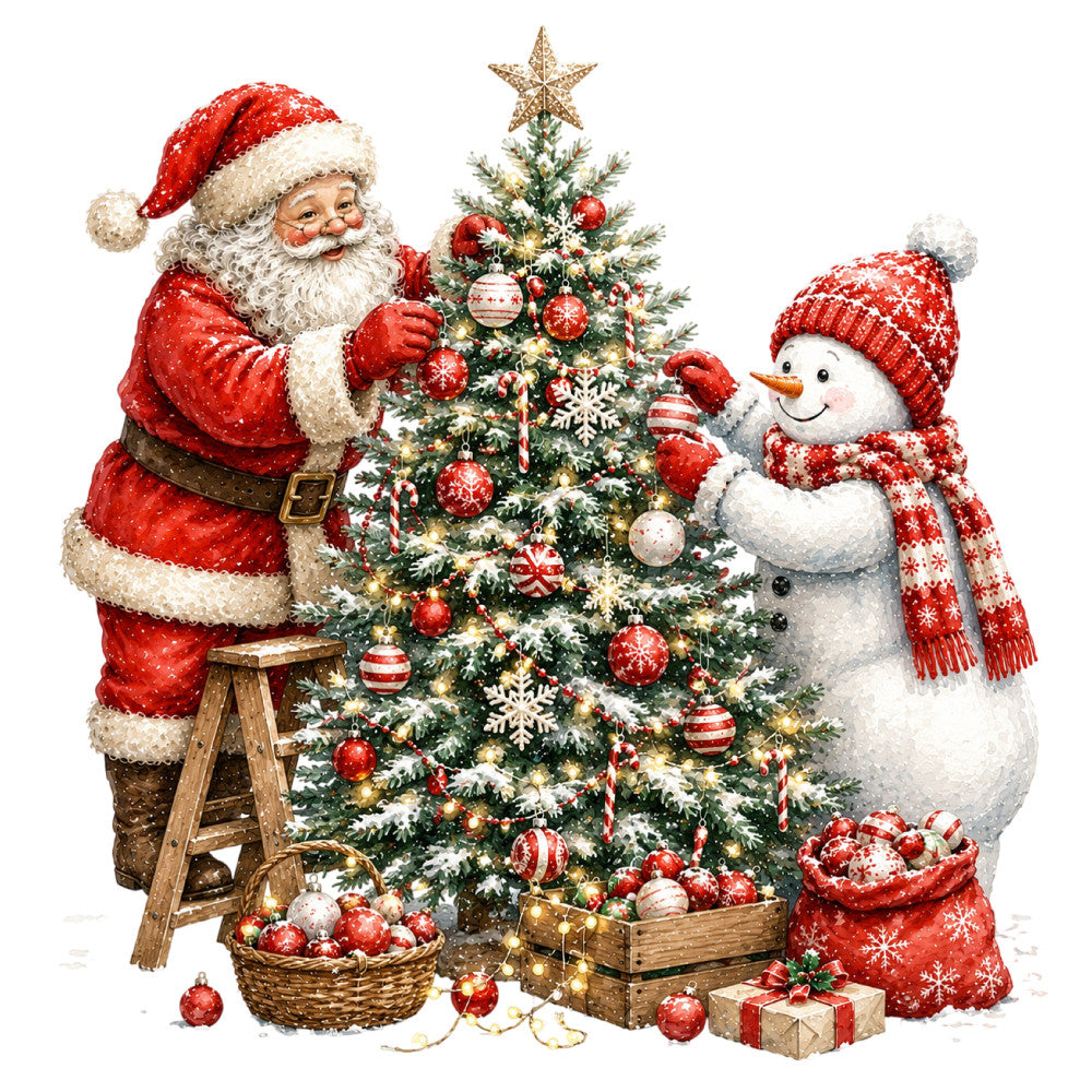 christmas, holiday, santa claus, snowman, red and white, forest green, cream, gold, festive, winter, snow, traditional, nostalgic, vintage, whimsical, decorative, seasonal, christmas tree, ornaments, candy canes, gift boxes, basket, seasonal decor, home décor, wall hanging, christmas themed, red hat, scarf, jolly