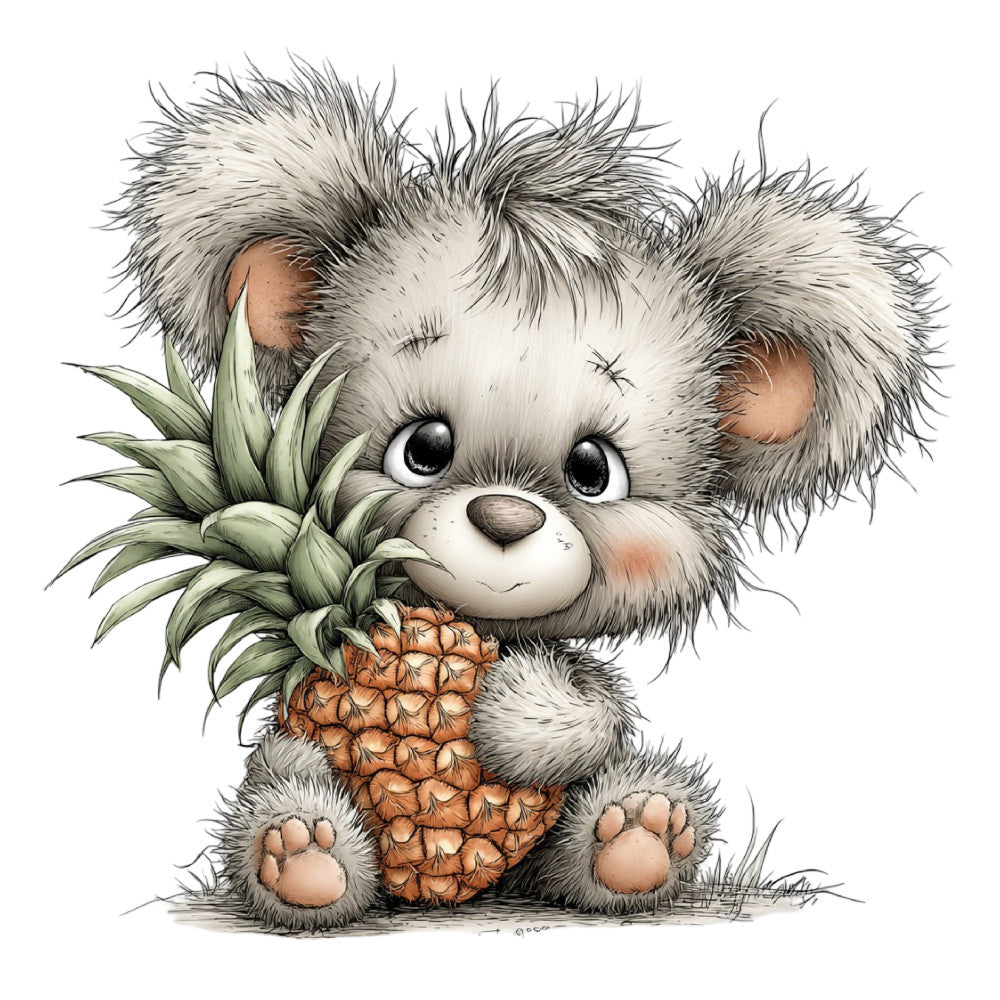 cute koala, fluffy animals, woodland creatures, pineapple, tropical fruit, whimsical style, nursery, baby quilt, children's fabric, soft gray, cream, tan, rust brown, nature theme, animal motifs, playful design, gender neutral, wall hanging, decorative panel, illustration style, adorable characters, botanical elements, green leaves, rustic charm, storybook style, sweet animals, kid-friendly, modern whimsy