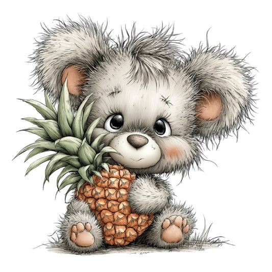 cute koala, fluffy animals, woodland creatures, pineapple, tropical fruit, whimsical style, nursery, baby quilt, children's fabric, soft gray, cream, tan, rust brown, nature theme, animal motifs, playful design, gender neutral, wall hanging, decorative panel, illustration style, adorable characters, botanical elements, green leaves, rustic charm, storybook style, sweet animals, kid-friendly, modern whimsy
