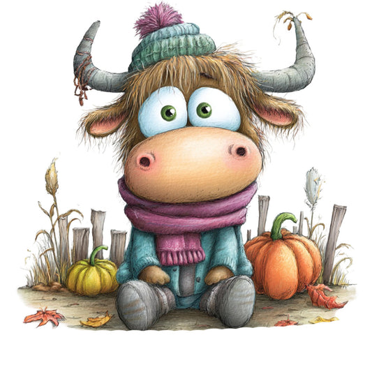 whimsical, cow, autumn, fall, pumpkin, knit hat, beanie, purple, teal, forest green, cream, rust orange, yellow, rustic, farmhouse, cute, children, kids, baby, animals, harvest, thanksgiving, cozy, sweater weather, playful, illustration, storybook, charming, decorative