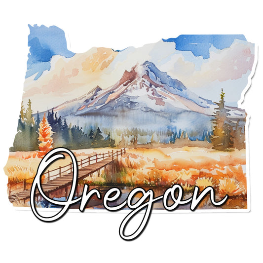 oregon, mountain landscape, snow-capped peak, watercolor, scenic, nature, rustic, autumn, fall, wooden bridge, forest, evergreen trees, sky blue, cream, tan, rust orange, burnt orange, sage green, navy blue, state pride, travel, americana, pastoral, countryside, landscape art, regional, peaceful, serene, fall foliage