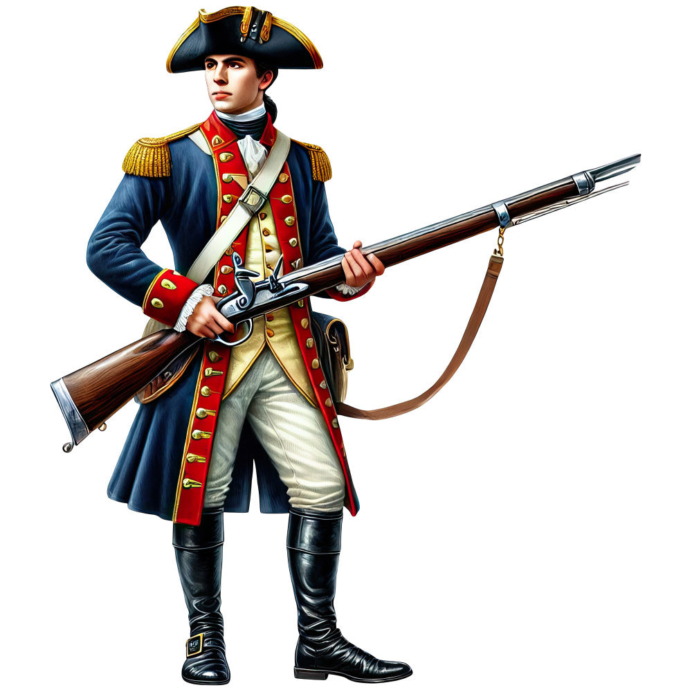 colonial soldier, revolutionary war, military uniform, navy blue, red trim, gold buttons, tricorn hat, musket rifle, 18th century, patriotic, americana, historical figure, colonial era, fabric panel, quilting cotton, boots, epaulettes, white breeches, detailed illustration, period costume