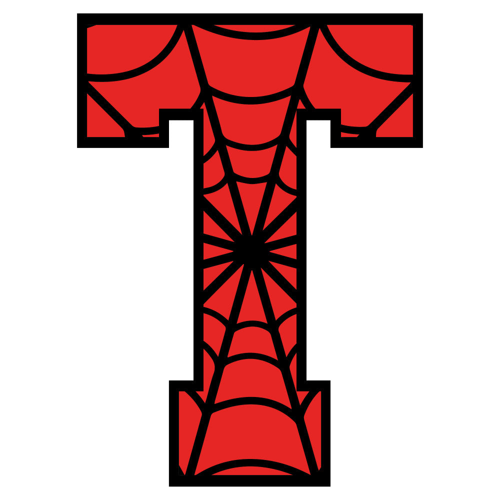 red fabric, black outlines, spider web pattern, alphabet letter, superhero theme, comic book style, geometric design, quilting panel, cotton fabric, bold colors, web design, children's fabric, novelty print, craft material, sewing panel, bright red, character inspired, graphic pattern, kids theme, decorative fabric