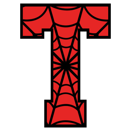red fabric, black outlines, spider web pattern, alphabet letter, superhero theme, comic book style, geometric design, quilting panel, cotton fabric, bold colors, web design, children's fabric, novelty print, craft material, sewing panel, bright red, character inspired, graphic pattern, kids theme, decorative fabric