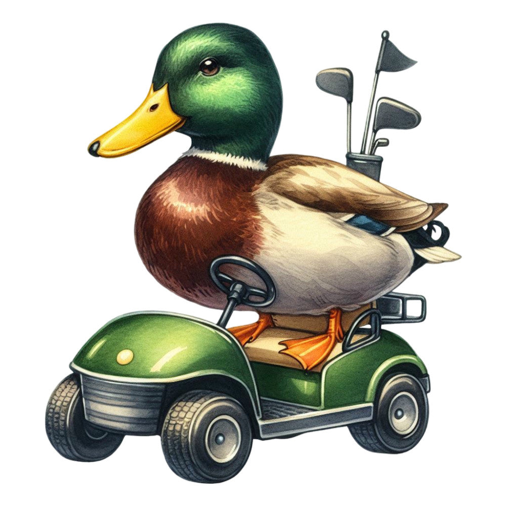 duck, mallard, golf cart, golf clubs, green, yellow, cream, brown, rust orange, whimsical, humorous, novelty, animal, vintage, retro, mid-century, quirky, funny, sports, golf theme, transportation, lighthearted, playful, lawn games, summer, casual, fun, cartoon style, illustrative
