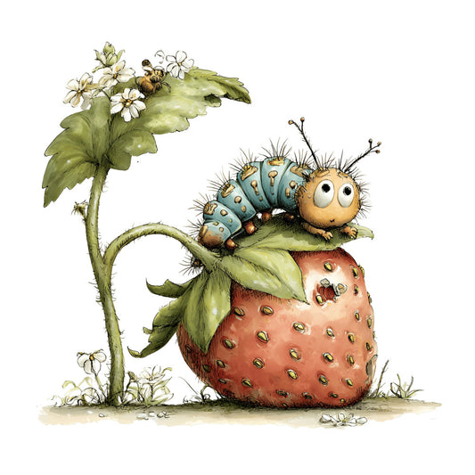 whimsical, caterpillar, insects, bugs, nature, garden, flowers, white flowers, sage green, blue-green, coral pink, tan, earth tones, children's, cute, playful, illustration, storybook, spring, summer, animals, botanical, charming, delicate, sweet, nursery, baby, character print, detailed, watercolor style