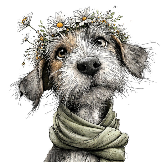 dog, puppy, terrier, flower crown, daisy, floral, botanical, animal portrait, whimsical, woodland, nature, spring, summer, cream, white, tan, brown, beige, sage green, gold, charcoal gray, illustration, detailed, sketch style, children's, farmhouse, rustic, cottage core, quirky, playful