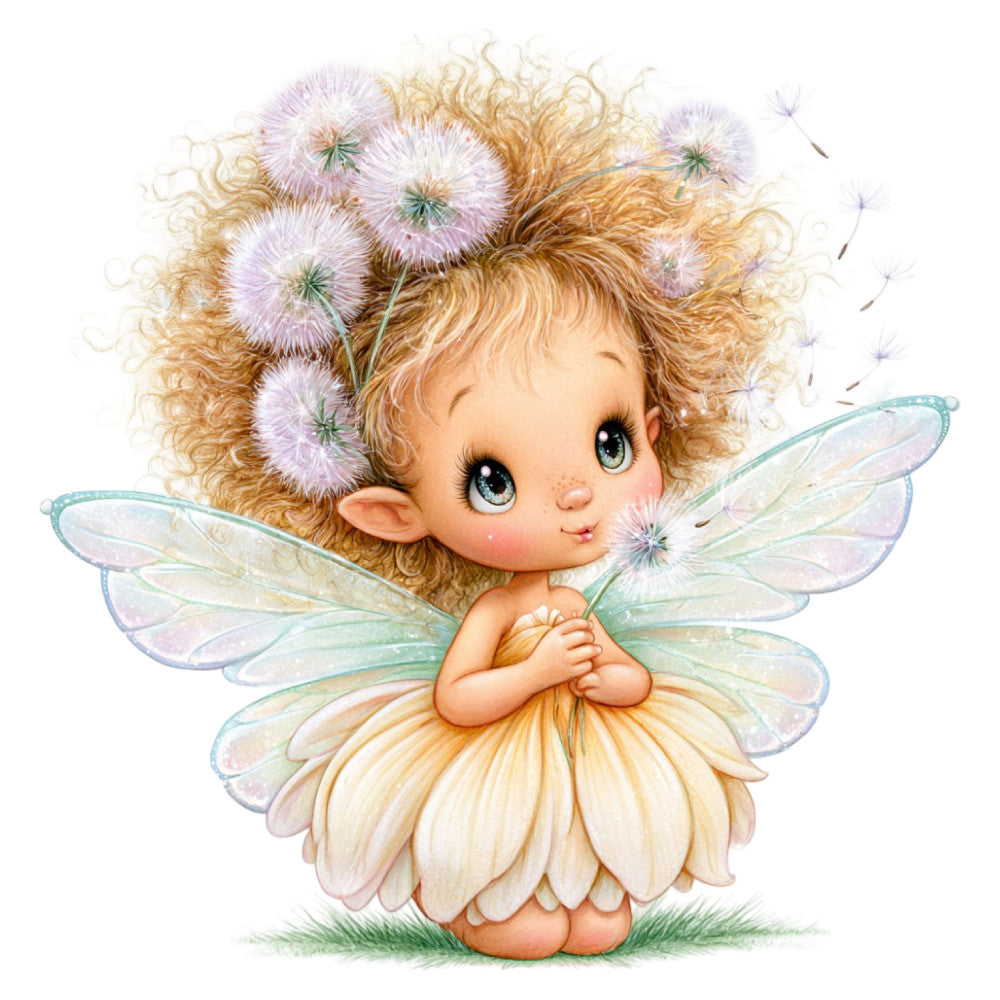 fairy, whimsical, cute, pastel colors, lavender, cream, pale yellow, peach, soft green, turquoise, dandelion flowers, flower crown, wings, magical creatures, fantasy, children's, baby, spring, nature, flowers, delicate, sweet, innocent, nursery, girl, feminine, illustration, storybook, dreamy, enchanted