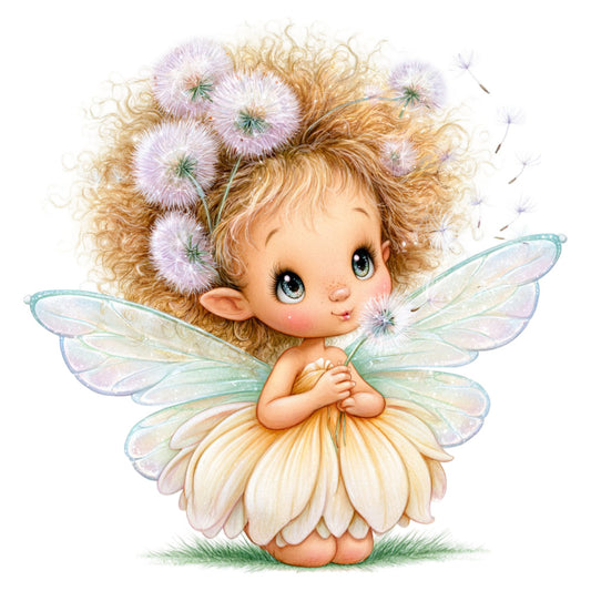 fairy, whimsical, cute, pastel colors, lavender, cream, pale yellow, peach, soft green, turquoise, dandelion flowers, flower crown, wings, magical creatures, fantasy, children's, baby, spring, nature, flowers, delicate, sweet, innocent, nursery, girl, feminine, illustration, storybook, dreamy, enchanted