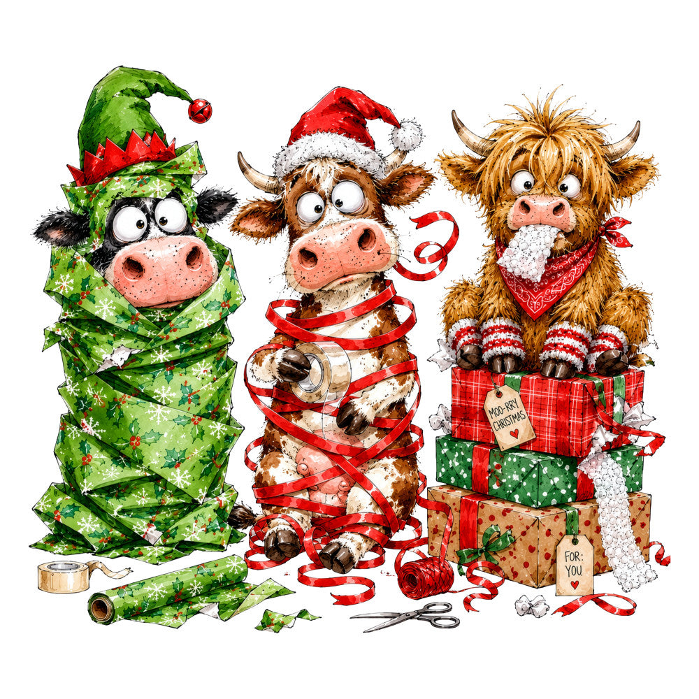 christmas, holiday, cows, bulls, highland cattle, festive, whimsical, cute animals, red, green, cream, gold, brown, tan, funny animals, humorous, playful, wrapping paper pattern, gifts, presents, ribbons, bows, santa hat, candy cane, winter, seasonal, novelty, folk art style, rustic, charming