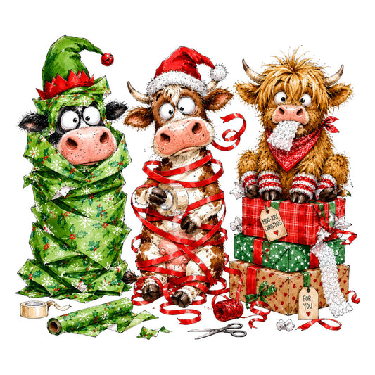 christmas, holiday, cows, bulls, highland cattle, festive, whimsical, cute animals, red, green, cream, gold, brown, tan, funny animals, humorous, playful, wrapping paper pattern, gifts, presents, ribbons, bows, santa hat, candy cane, winter, seasonal, novelty, folk art style, rustic, charming