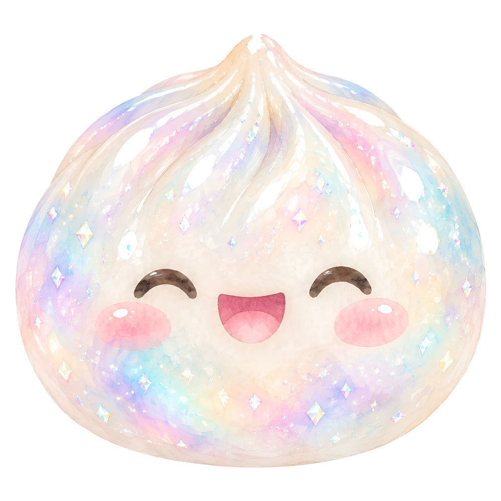 pastel pink, pastel blue, pastel purple, pastel yellow, cream, iridescent, sparkly, cute, kawaii, character face, smiling face, happy expression, closed eyes, rosy cheeks, whimsical, magical, dreamy, fantasy, celestial, stars, sparkles, shimmer, gradient, ombre, soft, gentle, baby, nursery, children's, enchanted