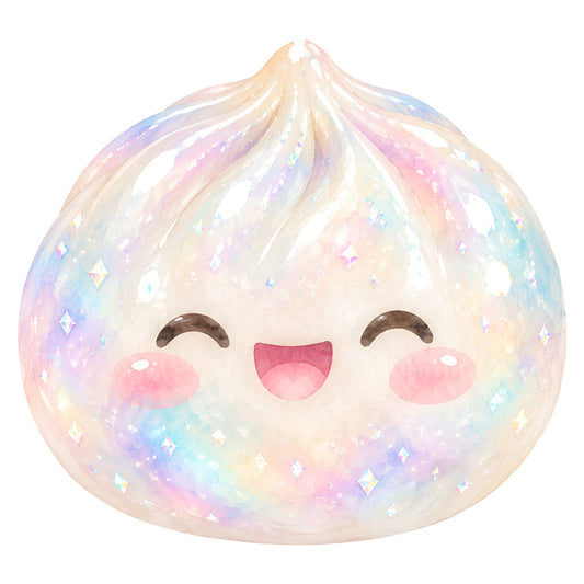 pastel pink, pastel blue, pastel purple, pastel yellow, cream, iridescent, sparkly, cute, kawaii, character face, smiling face, happy expression, closed eyes, rosy cheeks, whimsical, magical, dreamy, fantasy, celestial, stars, sparkles, shimmer, gradient, ombre, soft, gentle, baby, nursery, children's, enchanted